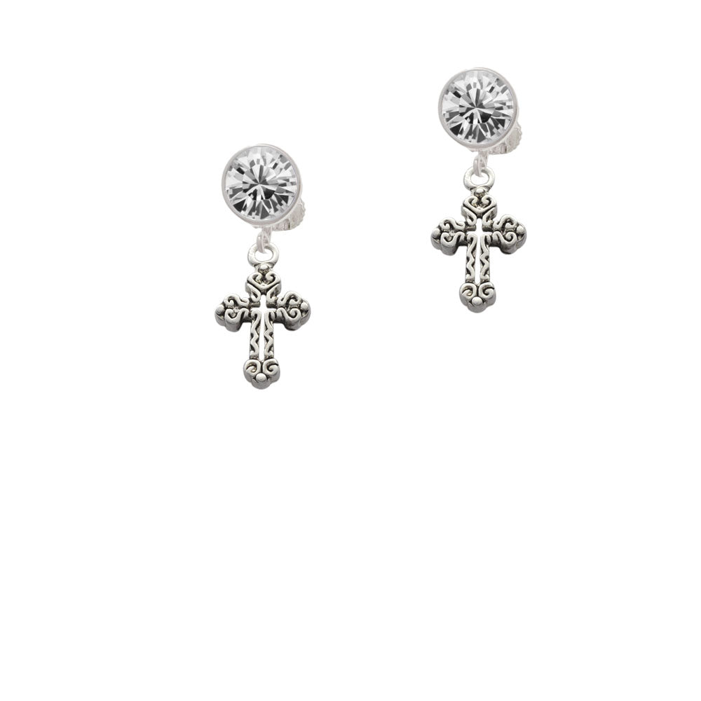 Antiqued Budded Cross Crystal Clip On Earrings Image 2