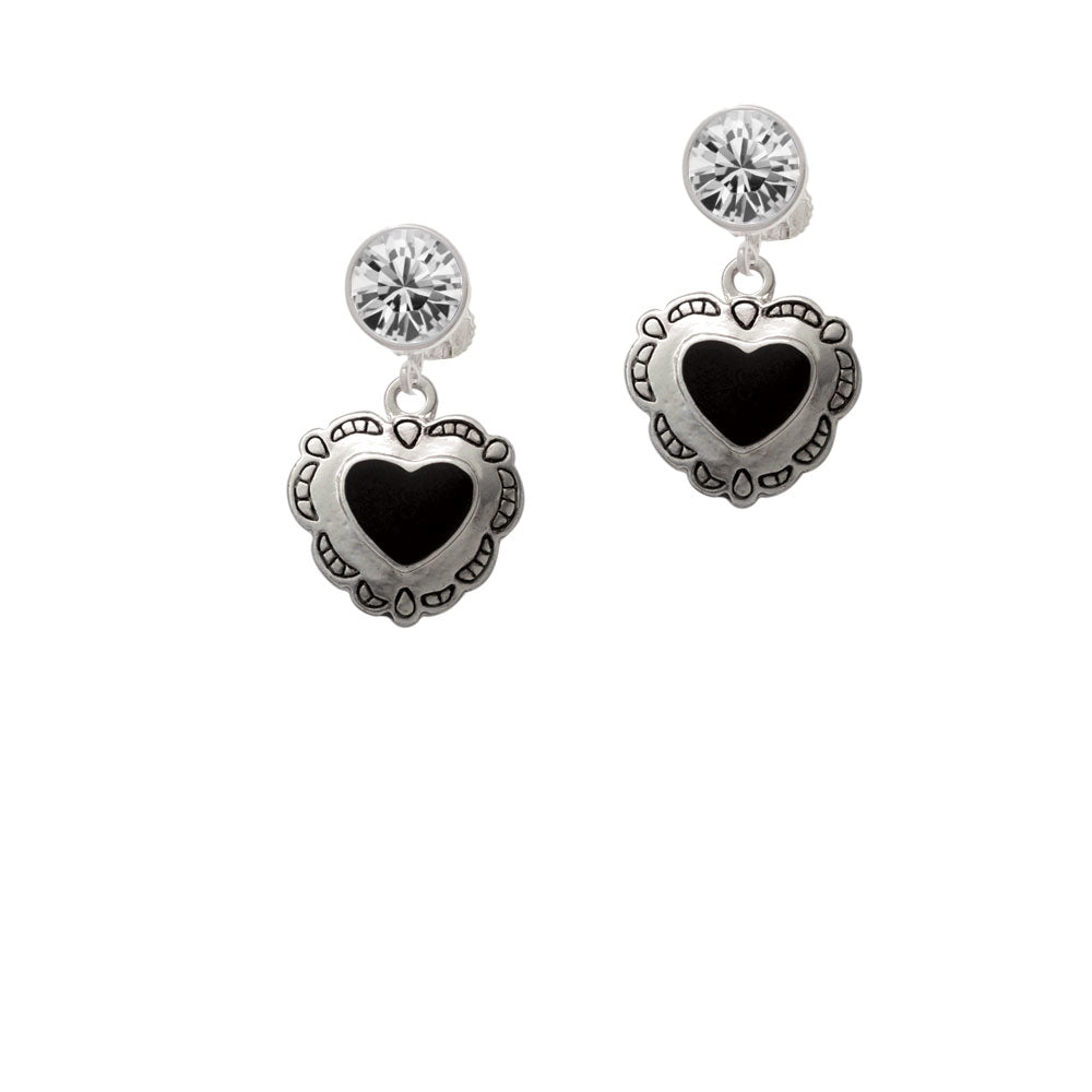 Black Concho Heart Crystal Clip On Earrings Image 2