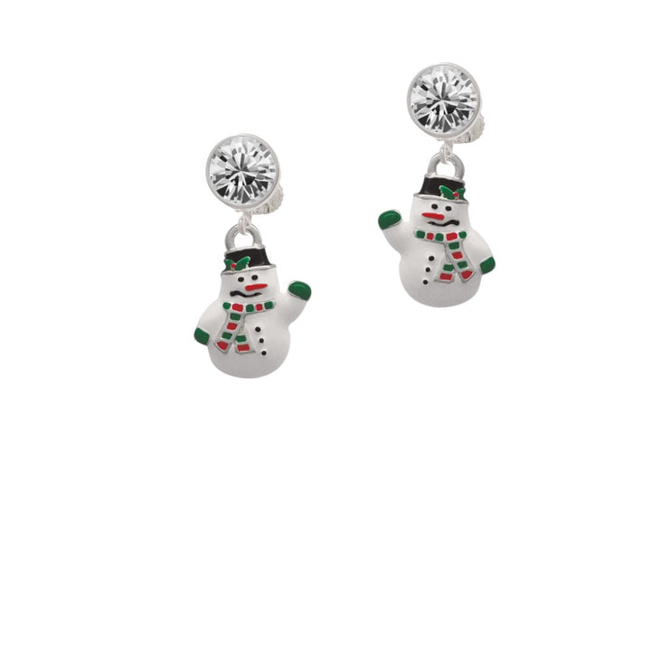 White Enamel Snowman Crystal Clip On Earrings Image 2