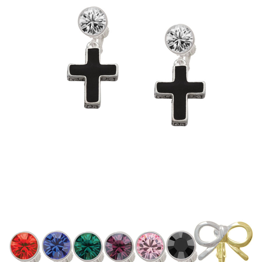 Large Black Enamel Cross with Decorated Sides Crystal Clip On Earrings Image 1