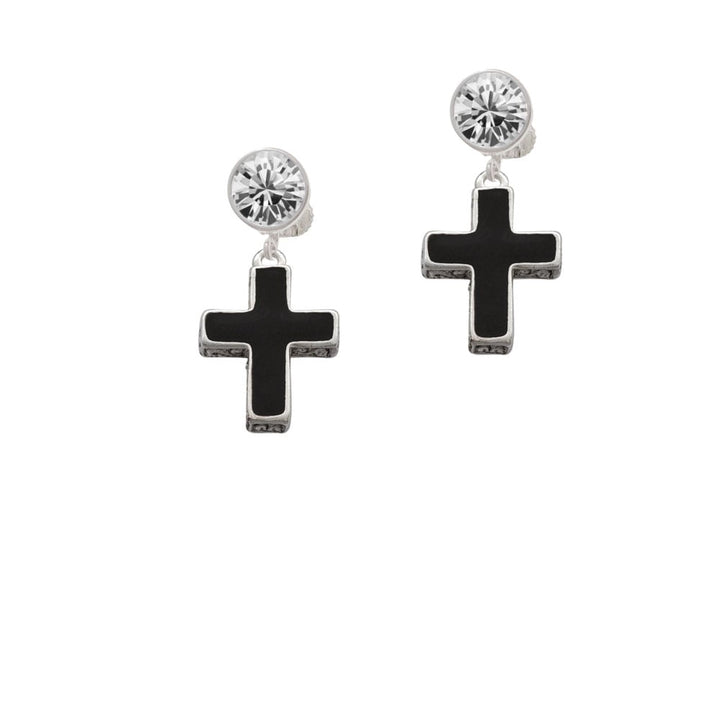 Large Black Enamel Cross with Decorated Sides Crystal Clip On Earrings Image 1