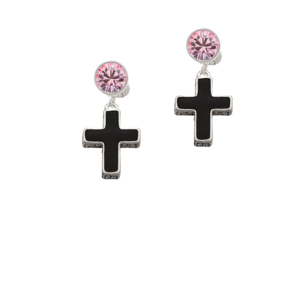 Large Black Enamel Cross with Decorated Sides Crystal Clip On Earrings Image 4