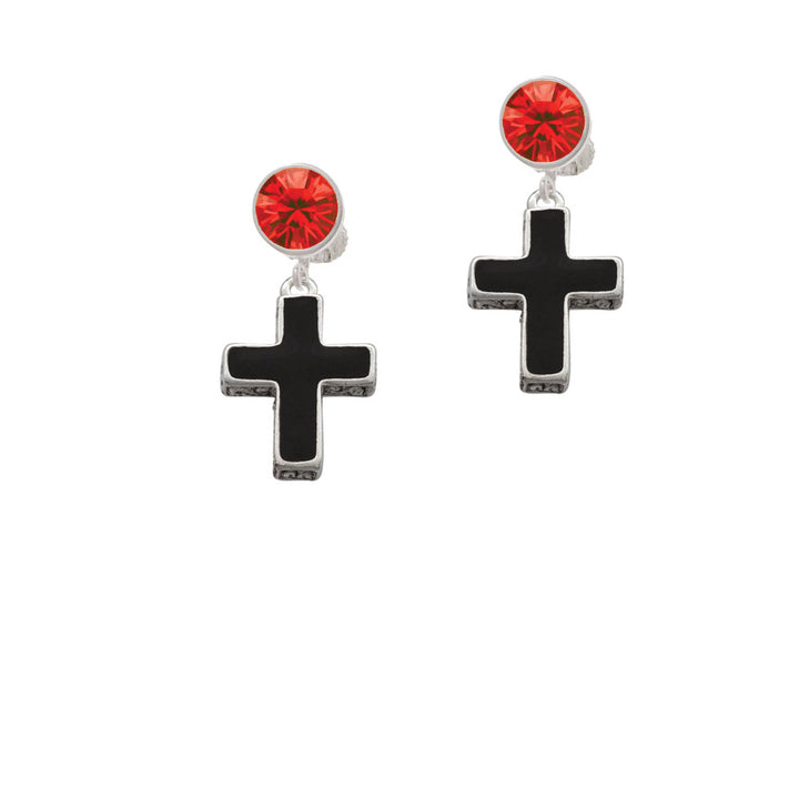 Large Black Enamel Cross with Decorated Sides Crystal Clip On Earrings Image 4