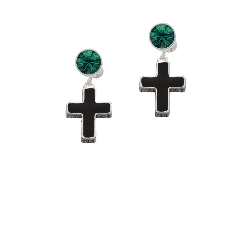 Large Black Enamel Cross with Decorated Sides Crystal Clip On Earrings Image 6