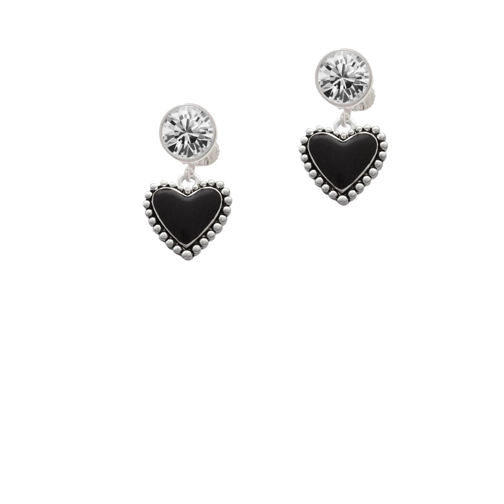 Black Heart with Beaded Border Crystal Clip On Earrings Image 2