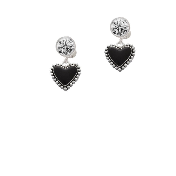 Black Heart with Beaded Border Crystal Clip On Earrings Image 1