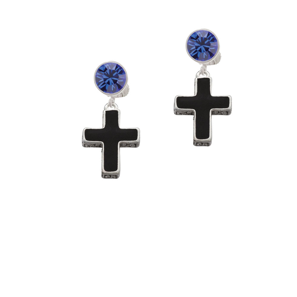 Large Black Enamel Cross with Decorated Sides Crystal Clip On Earrings Image 7