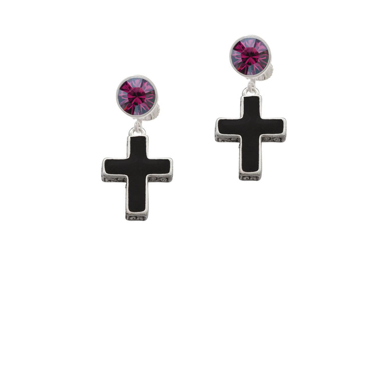 Large Black Enamel Cross with Decorated Sides Crystal Clip On Earrings Image 8