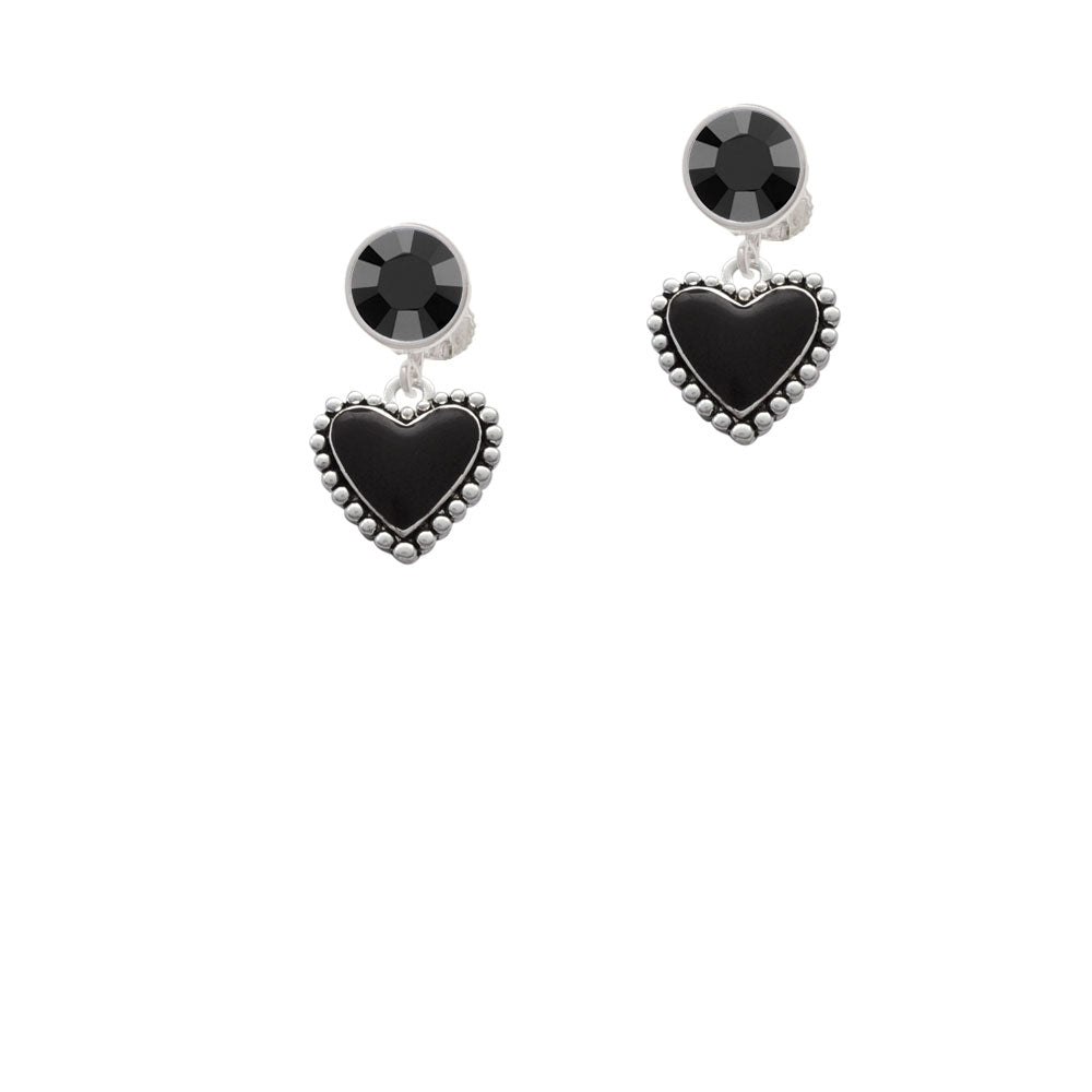 Black Heart with Beaded Border Crystal Clip On Earrings Image 3