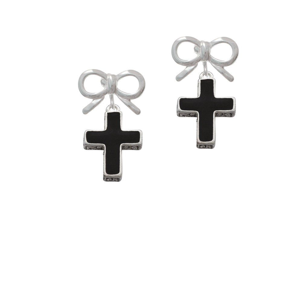 Large Black Enamel Cross with Decorated Sides Crystal Clip On Earrings Image 9