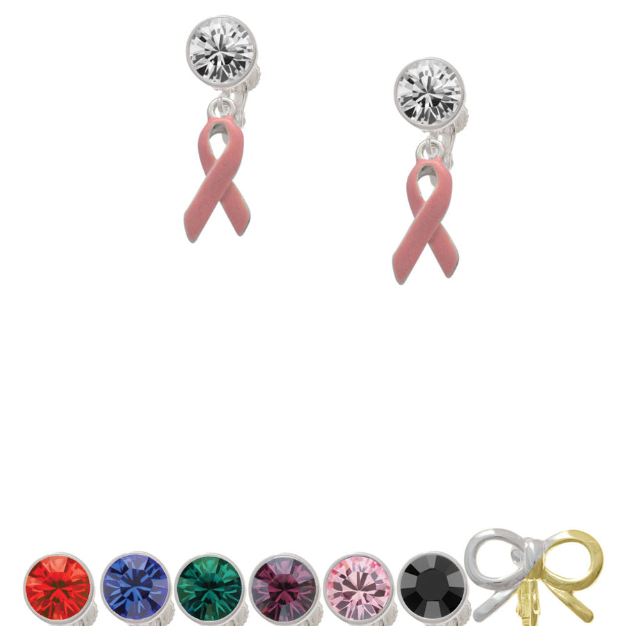 Pink Ribbon Crystal Clip On Earrings Image 1