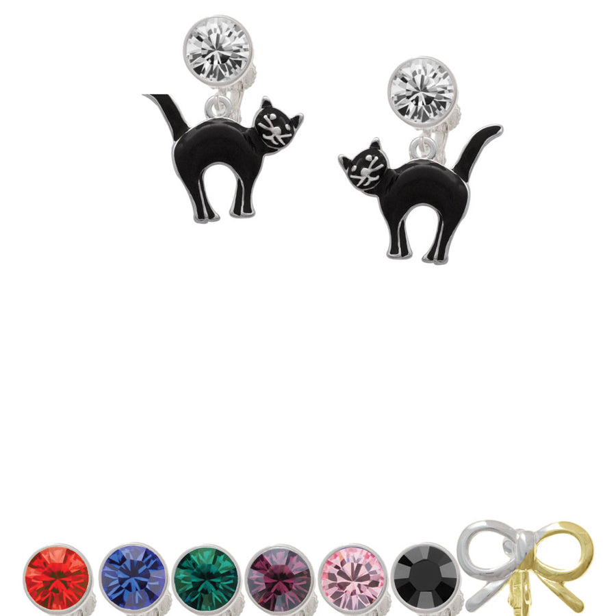 Arching Black Cat Crystal Clip On Earrings Image 1