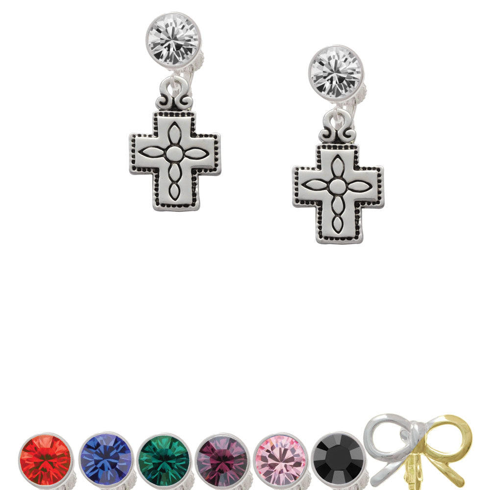 Large Southwestern Antiqued Cross Crystal Clip On Earrings Image 1