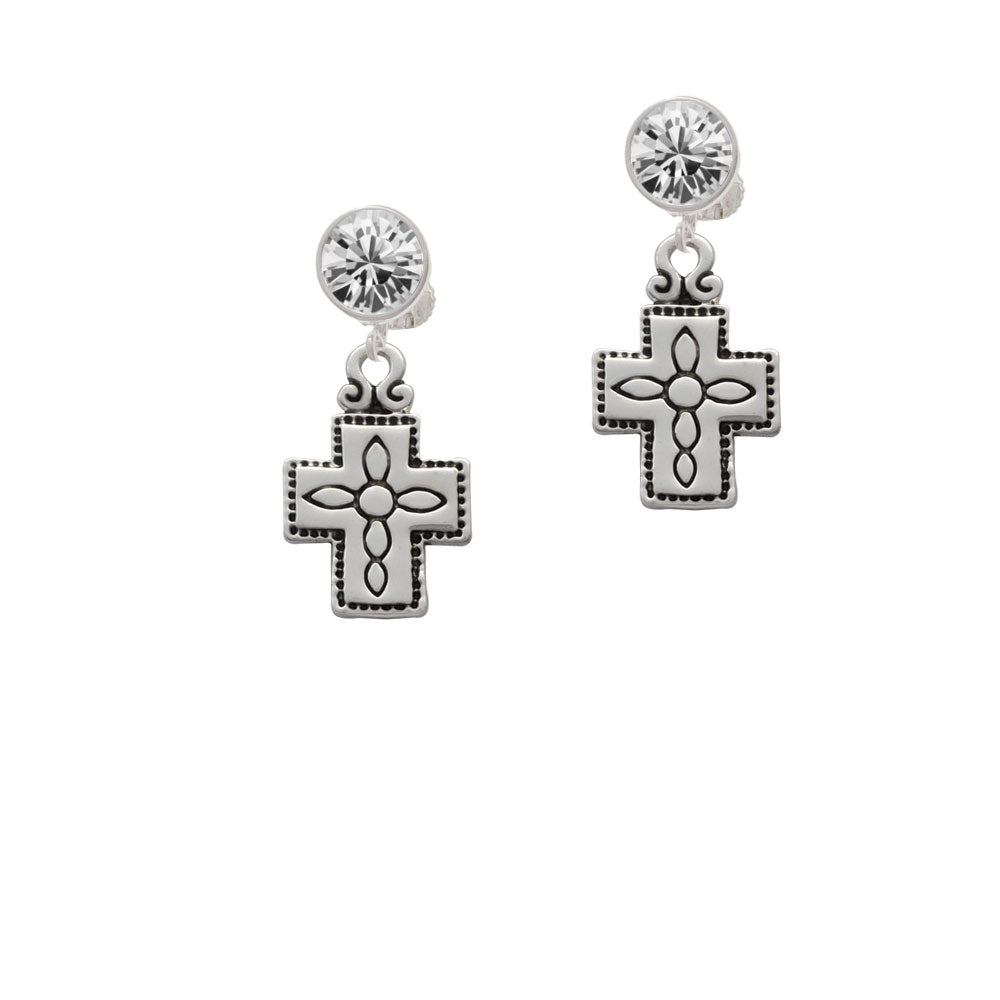 Large Southwestern Antiqued Cross Crystal Clip On Earrings Image 2