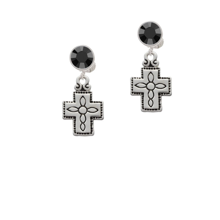 Large Southwestern Antiqued Cross Crystal Clip On Earrings Image 3