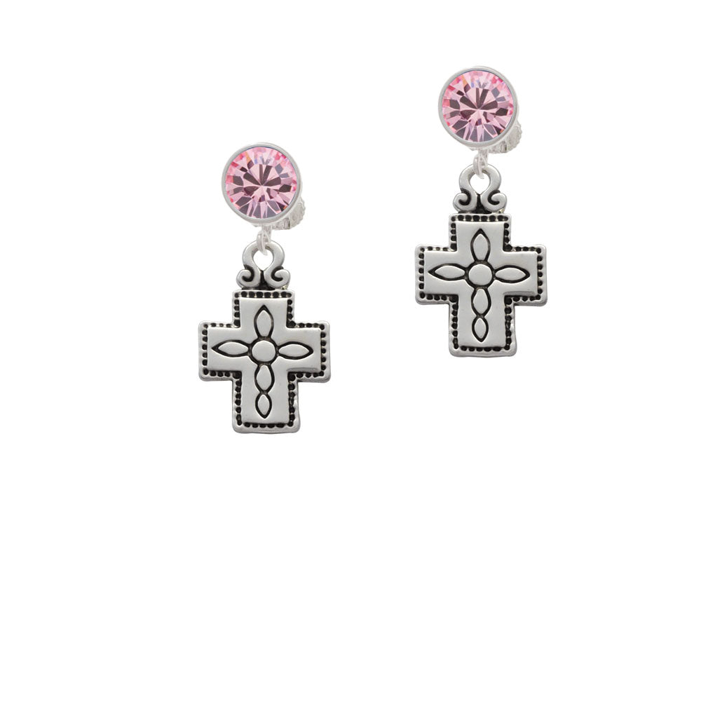 Large Southwestern Antiqued Cross Crystal Clip On Earrings Image 4