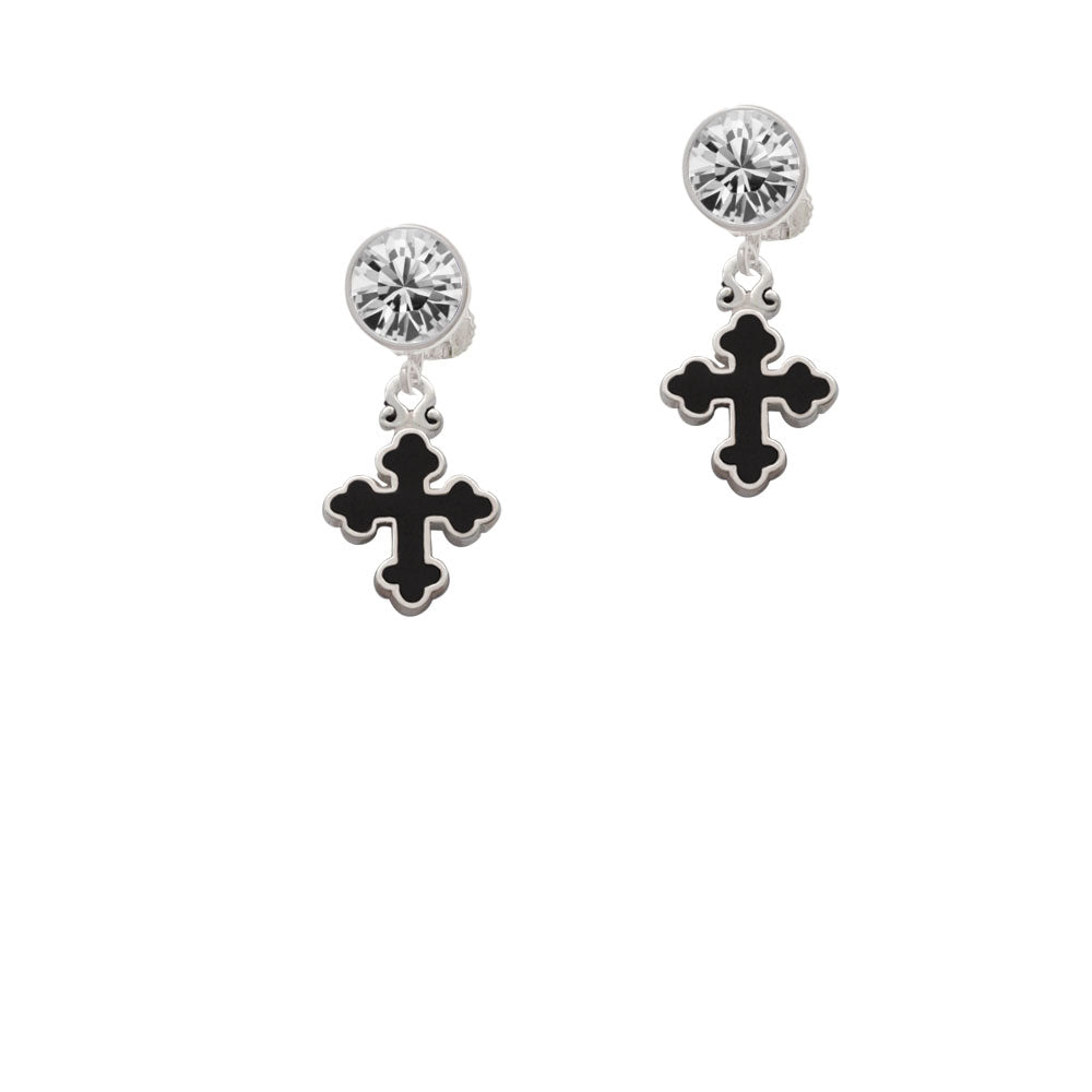 Small Black Enamel Botonee Cross Crystal Clip On Earrings Image 2