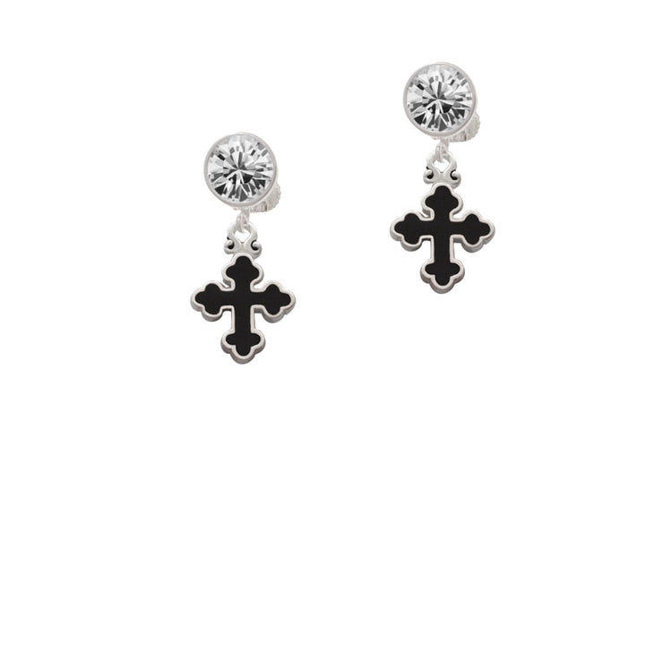 Small Black Enamel Botonee Cross Crystal Clip On Earrings Image 1