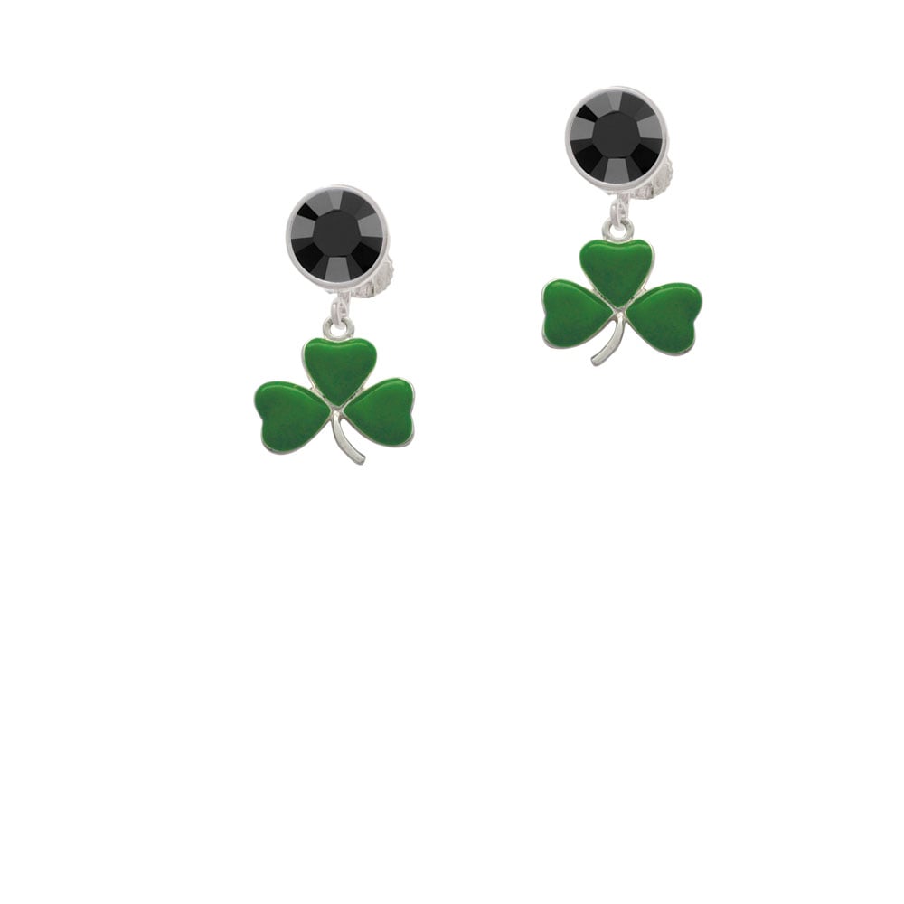 Green Three Leaf Clover - Shamrock Crystal Clip On Earrings Image 3