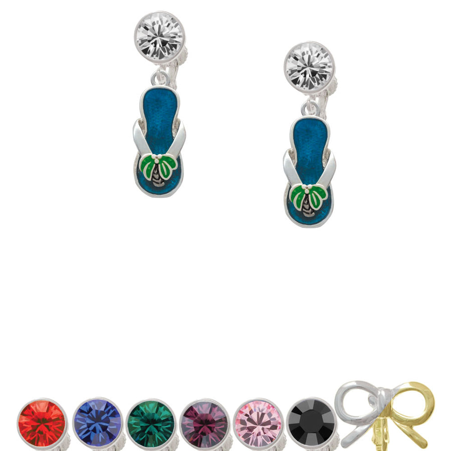 Tropical Blue Flip Flop with Palm Tree Crystal Clip On Earrings Image 1