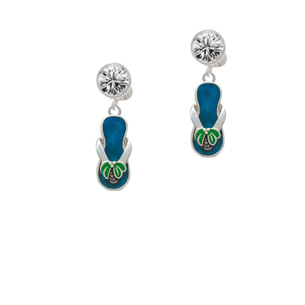 Tropical Blue Flip Flop with Palm Tree Crystal Clip On Earrings Image 2