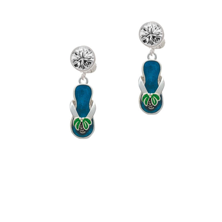 Tropical Blue Flip Flop with Palm Tree Crystal Clip On Earrings Image 1