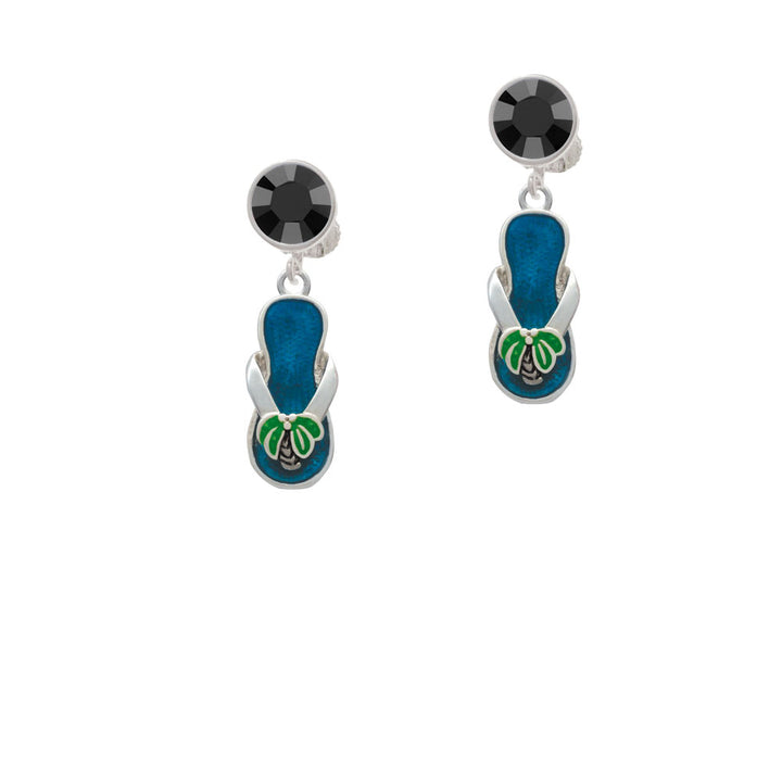 Tropical Blue Flip Flop with Palm Tree Crystal Clip On Earrings Image 3