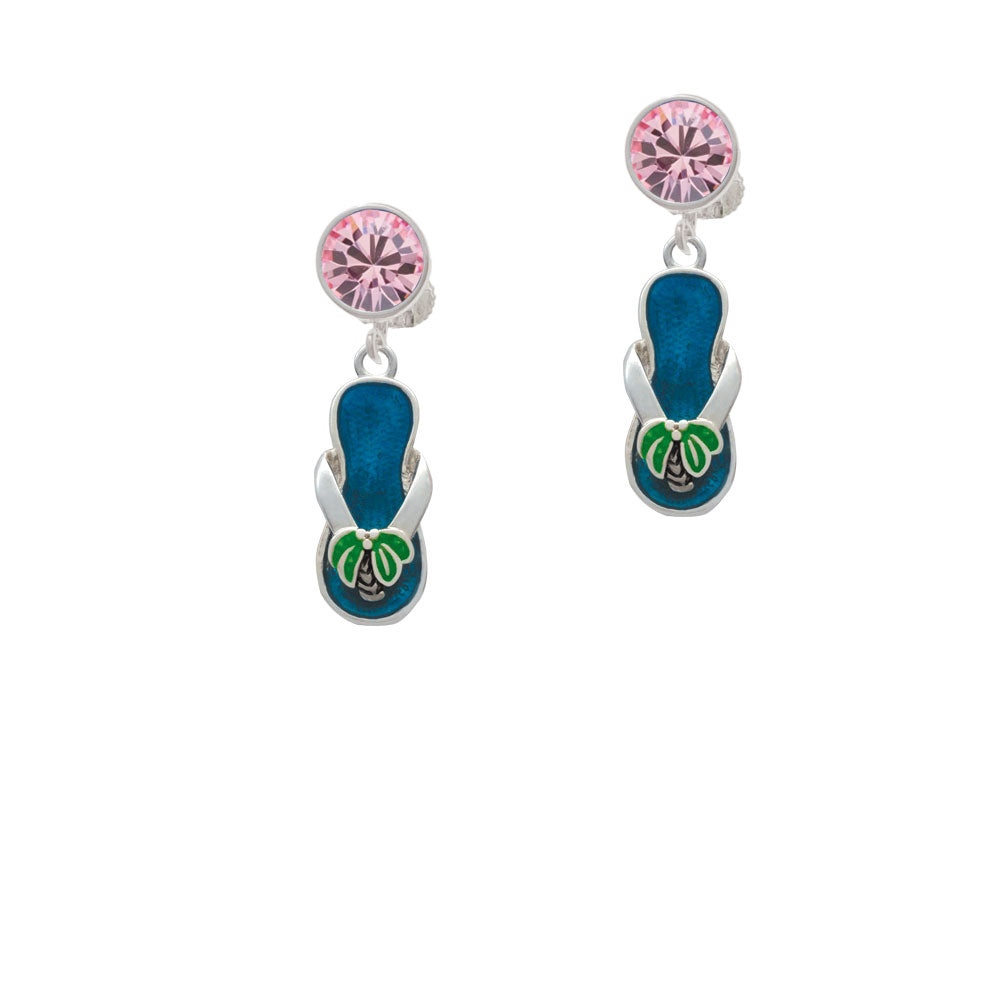 Tropical Blue Flip Flop with Palm Tree Crystal Clip On Earrings Image 4