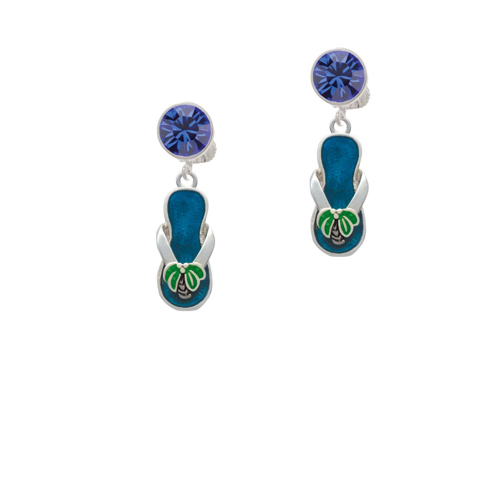 Tropical Blue Flip Flop with Palm Tree Crystal Clip On Earrings Image 7