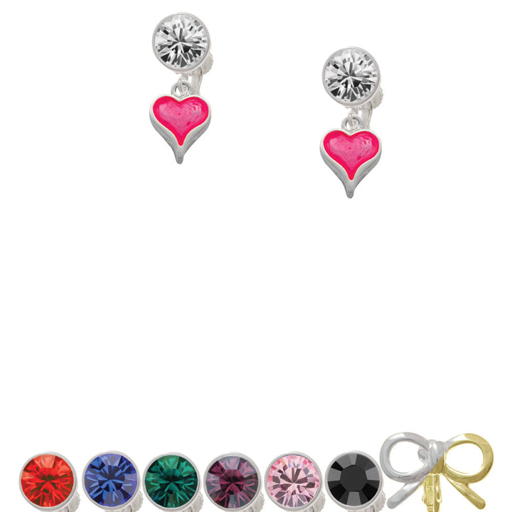 Small Long Hot Pink Heart Crystal Clip On Earrings Image 1