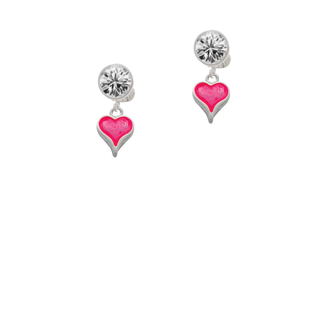 Small Long Hot Pink Heart Crystal Clip On Earrings Image 2