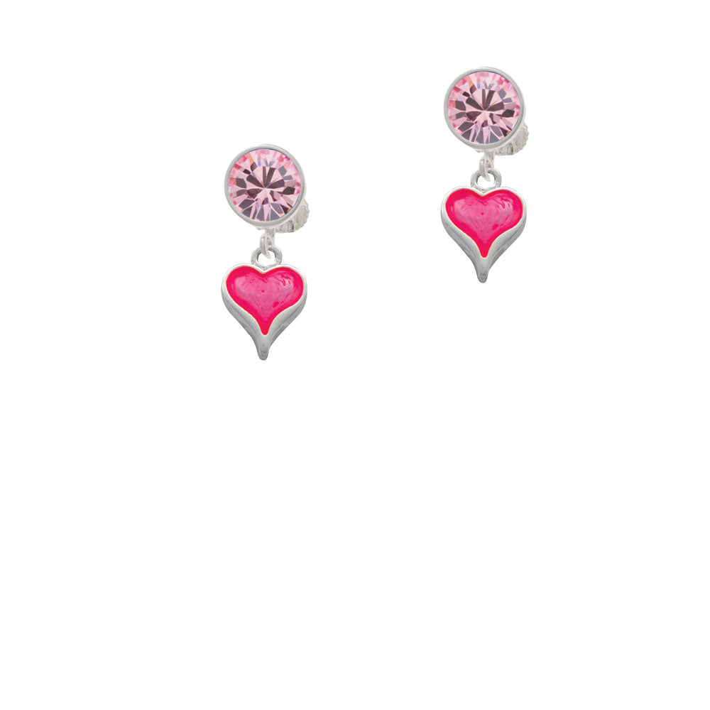 Small Long Hot Pink Heart Crystal Clip On Earrings Image 4