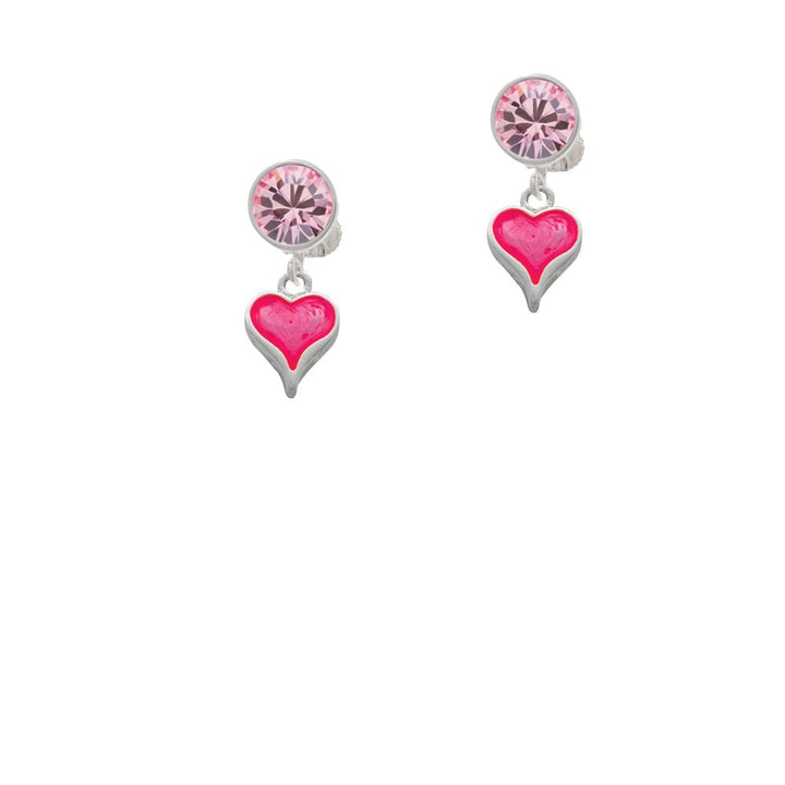 Small Long Hot Pink Heart Crystal Clip On Earrings Image 1