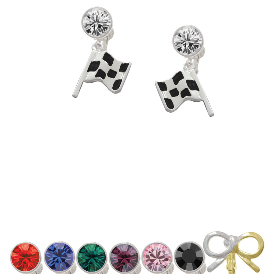 Checkered Race Flag Crystal Clip On Earrings Image 1