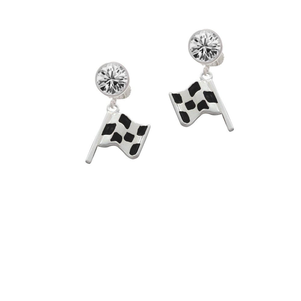 Checkered Race Flag Crystal Clip On Earrings Image 2