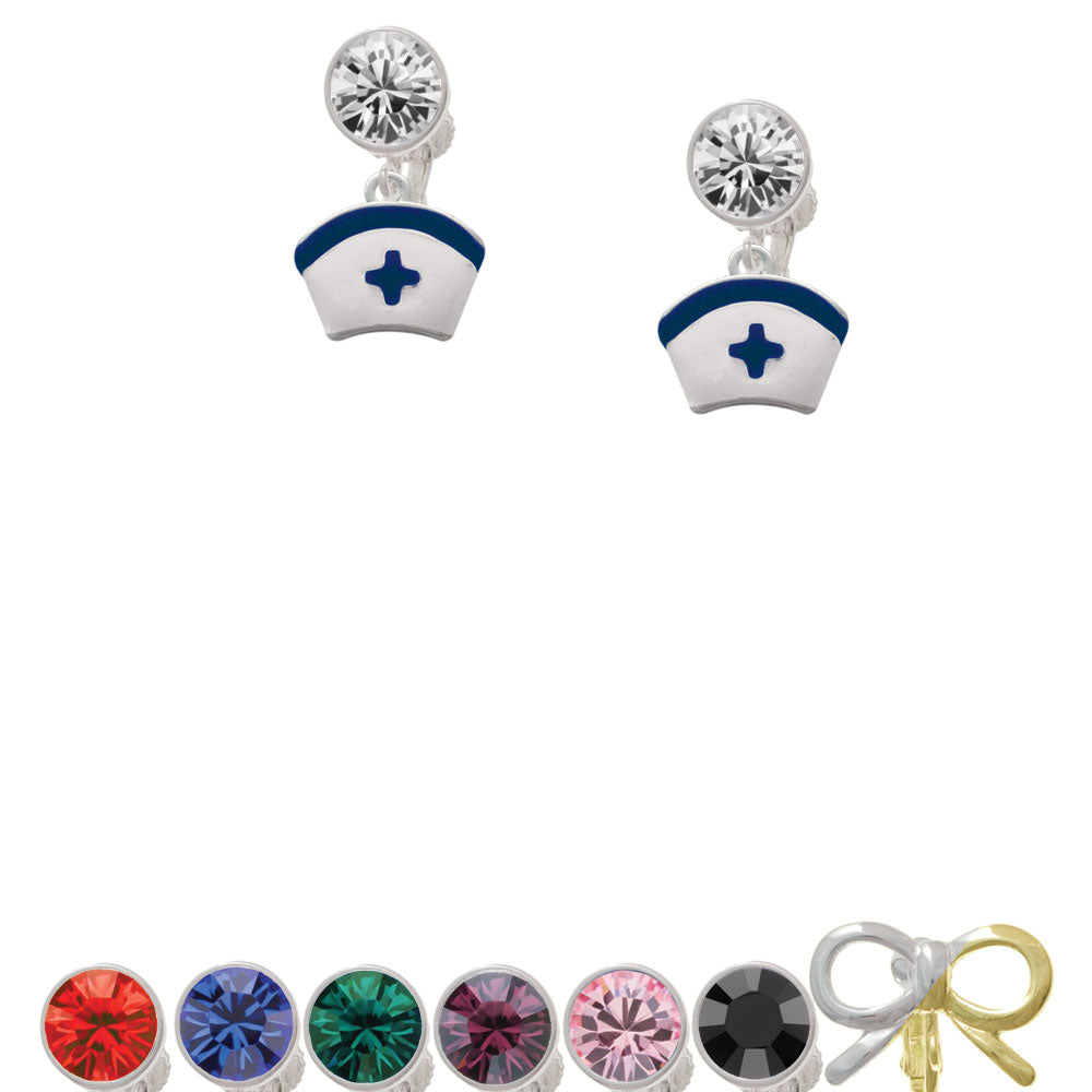 Nurse Hat with Blue Cross Crystal Clip On Earrings Image 1