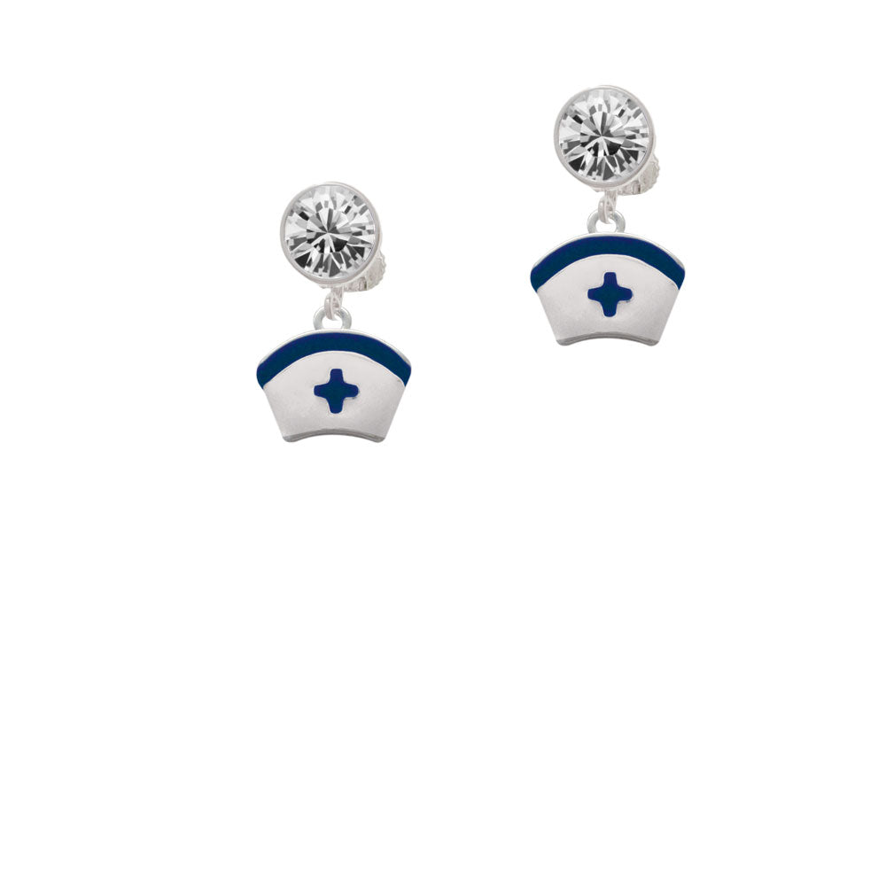 Nurse Hat with Blue Cross Crystal Clip On Earrings Image 2