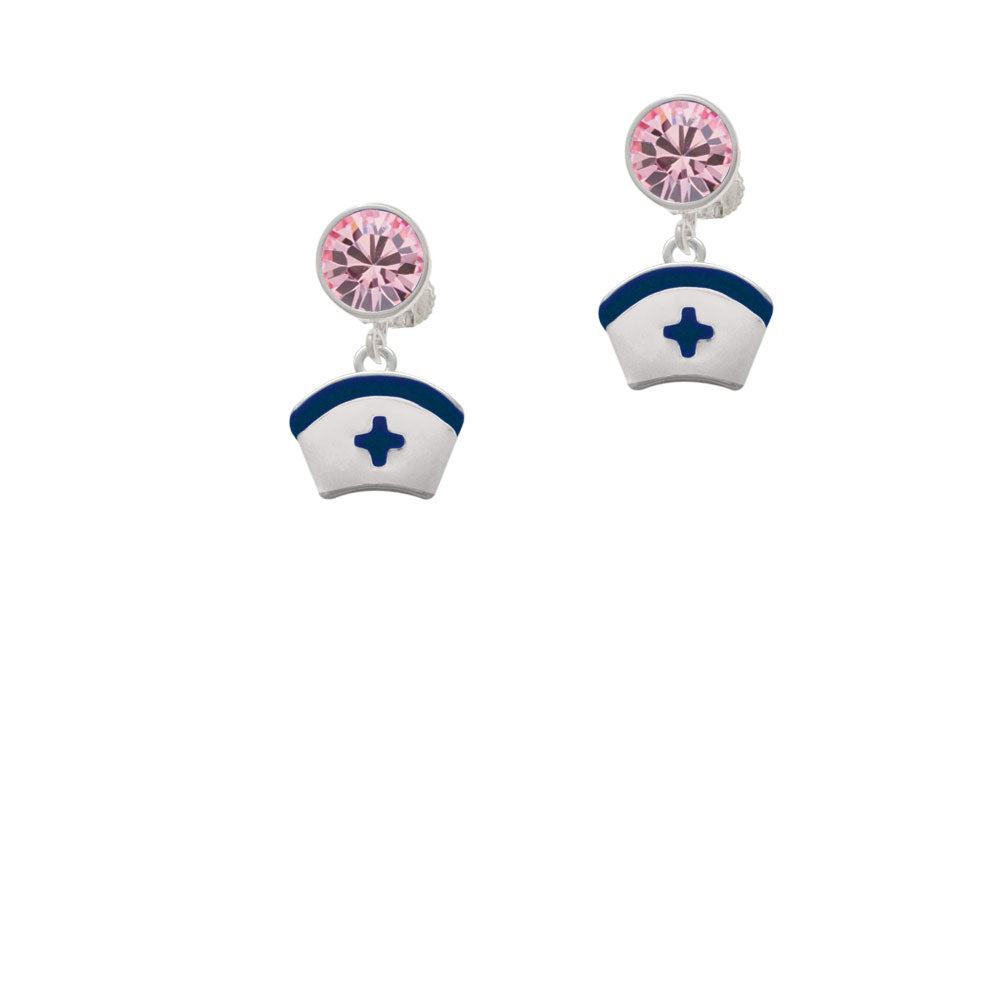 Nurse Hat with Blue Cross Crystal Clip On Earrings Image 4