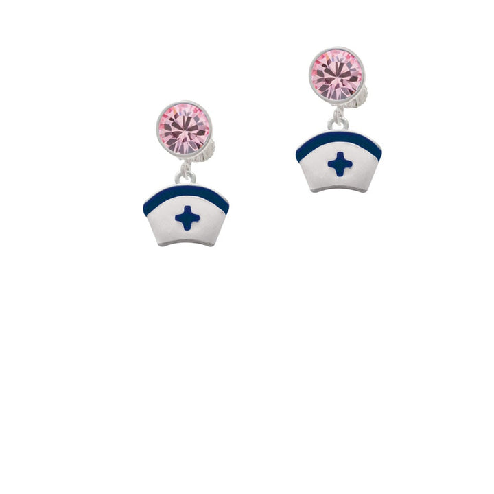 Nurse Hat with Blue Cross Crystal Clip On Earrings Image 1