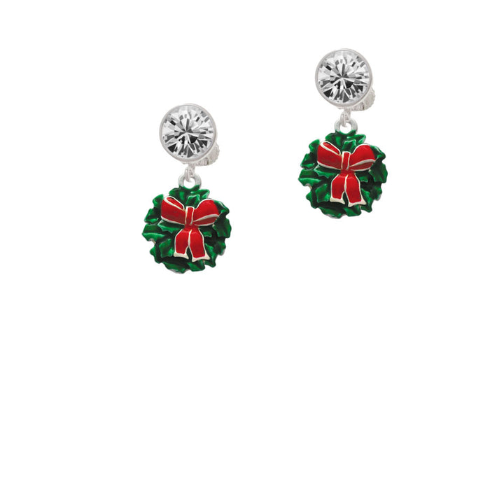 Enamel Wreath with Bow Crystal Clip On Earrings Image 2