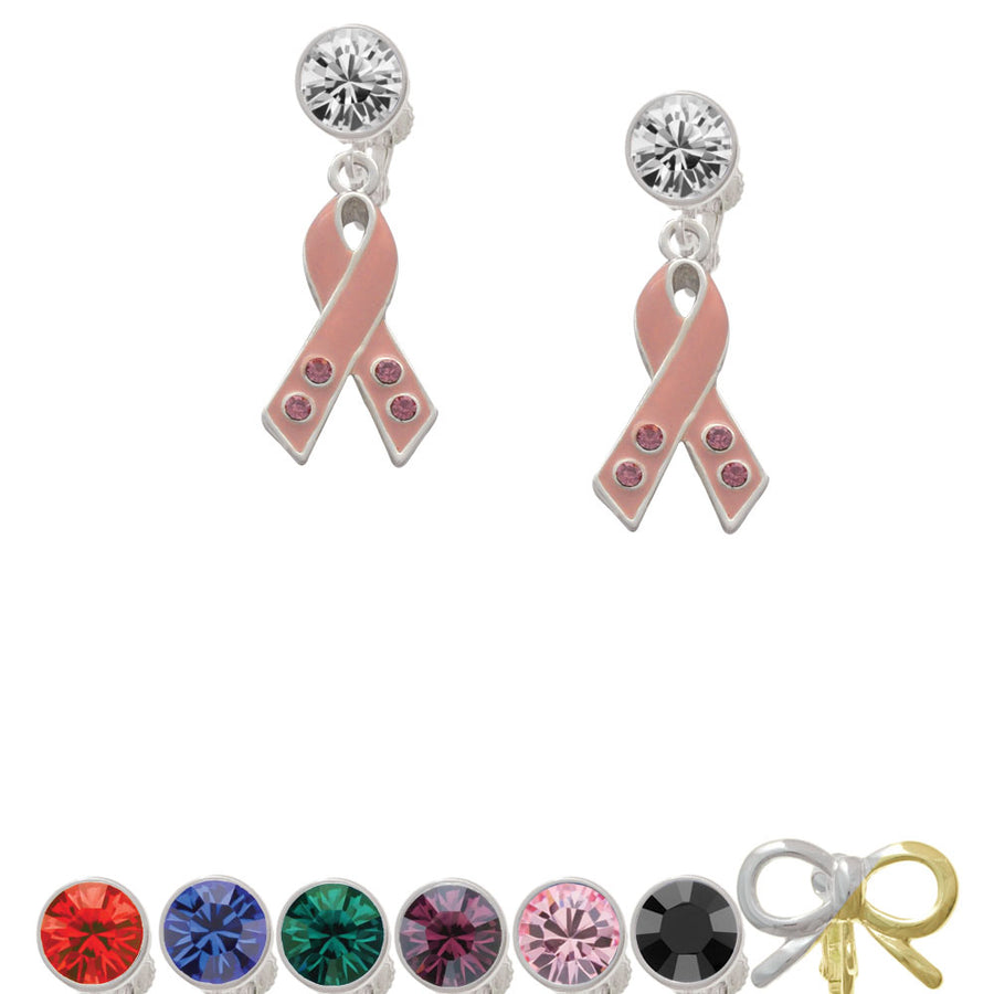 Large Pink Ribbon with Crystals Crystal Clip On Earrings Image 1