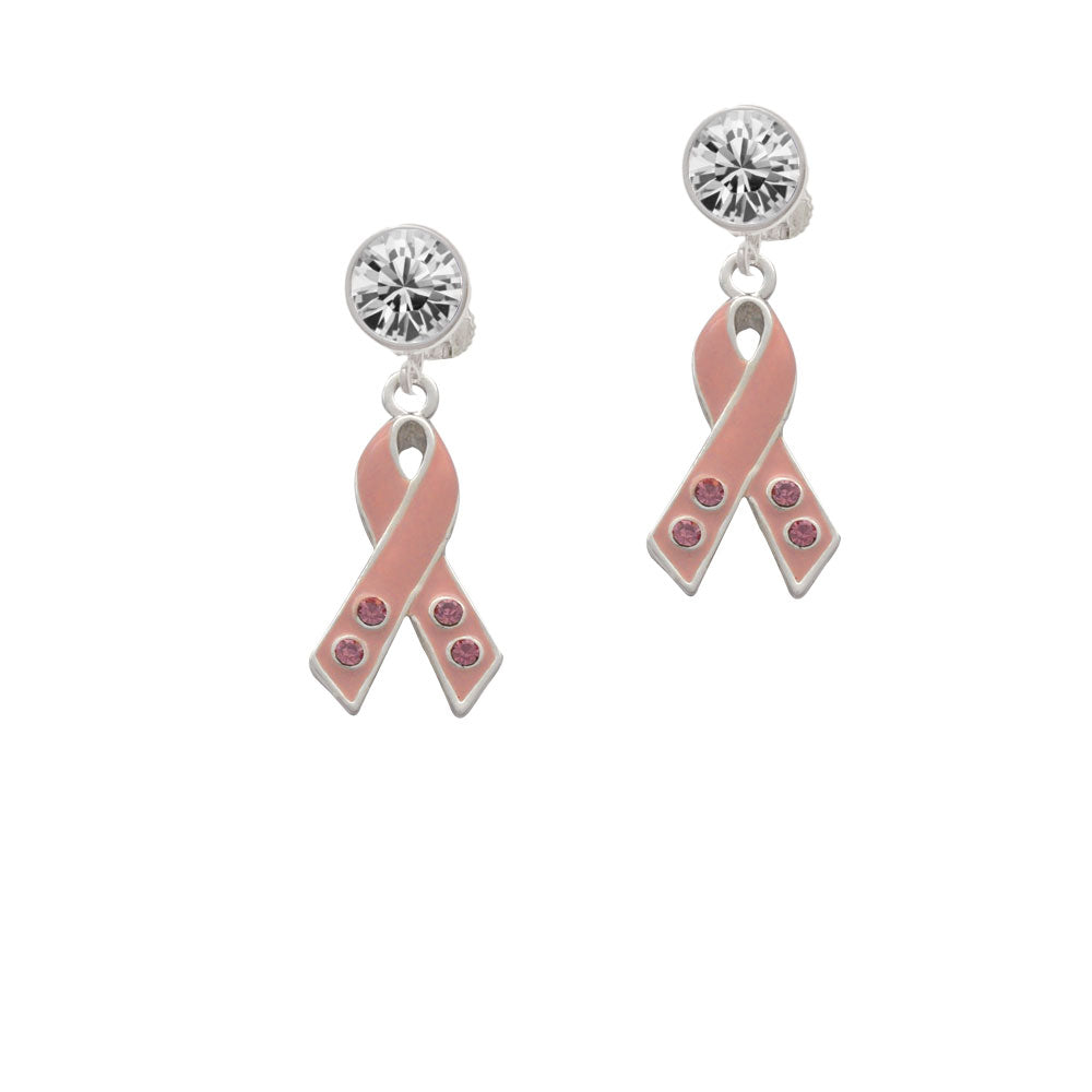 Large Pink Ribbon with Crystals Crystal Clip On Earrings Image 2