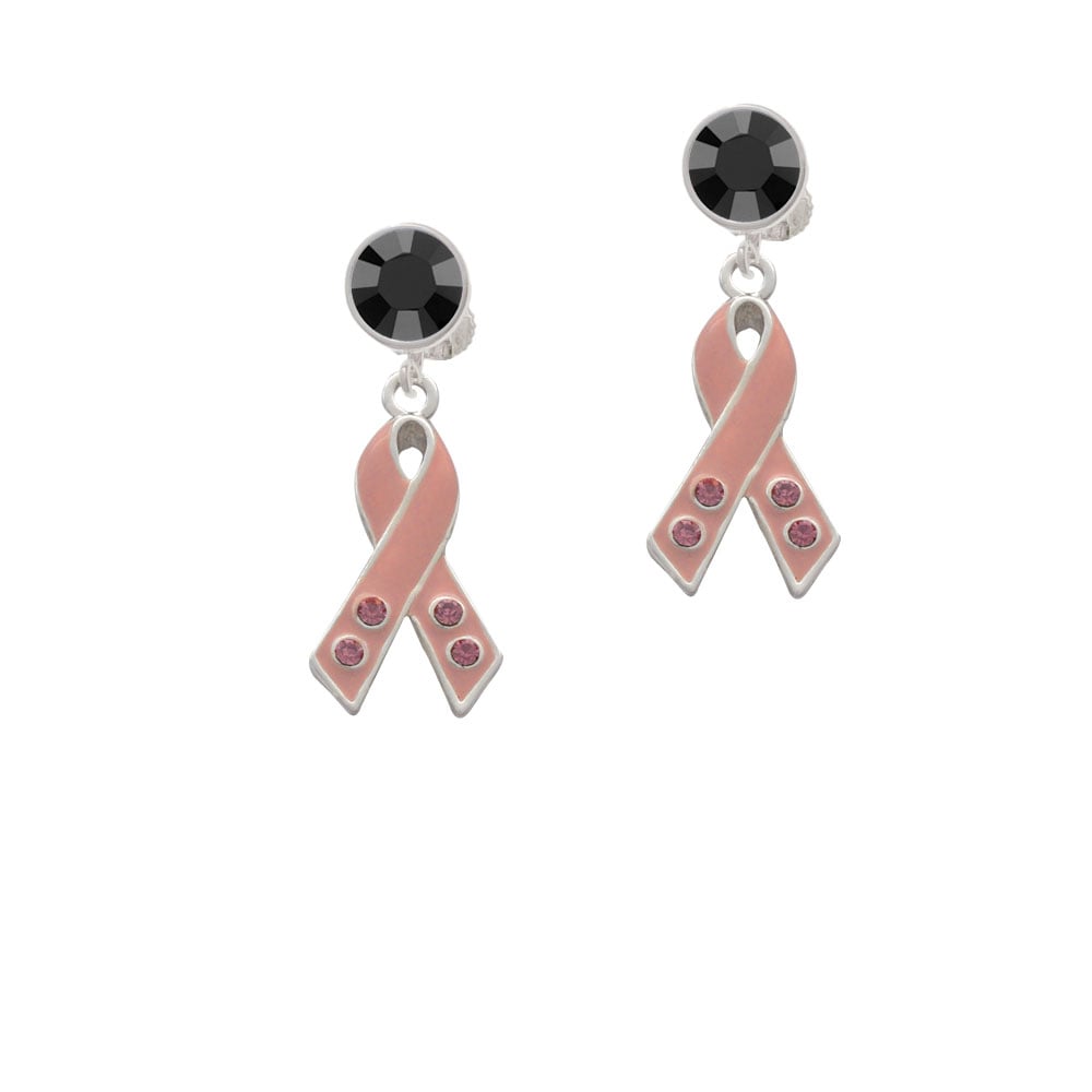 Large Pink Ribbon with Crystals Crystal Clip On Earrings Image 3