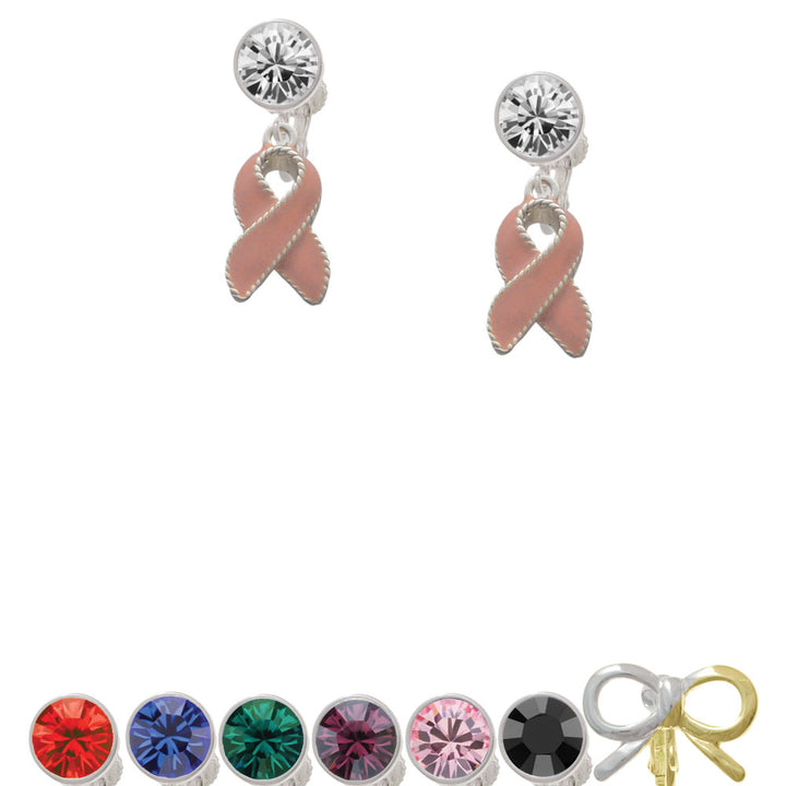 Pink Ribbon with Stitching Crystal Clip On Earrings Image 1