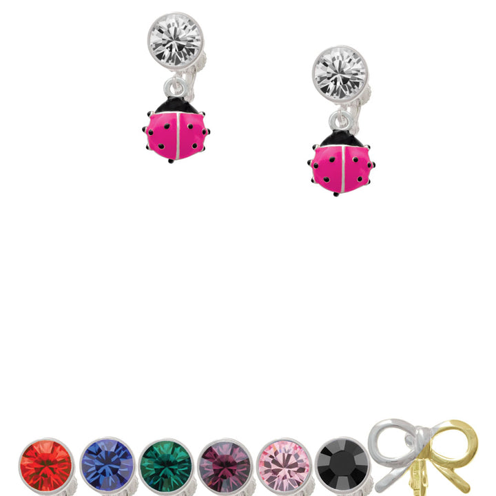 Mini Hot Pink Ladybug Crystal Clip On Earrings Image 1