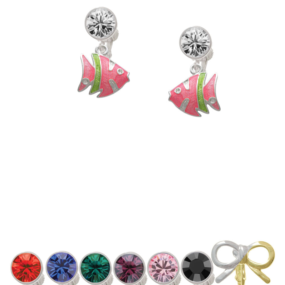 Hot Pink Tropical Fish with Lime Green Stripe Crystal Clip On Earrings Image 1