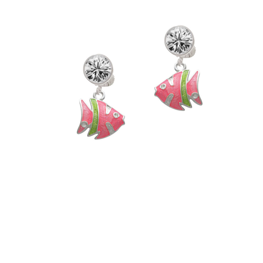 Hot Pink Tropical Fish with Lime Green Stripe Crystal Clip On Earrings Image 2