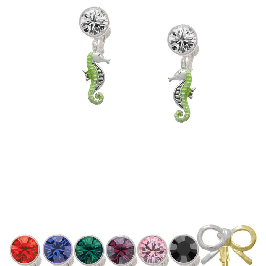 Green Seahorse Crystal Clip On Earrings Image 1