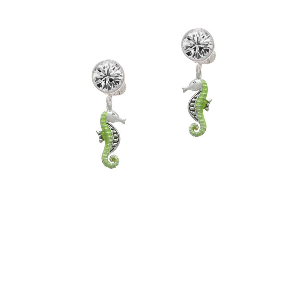 Green Seahorse Crystal Clip On Earrings Image 2