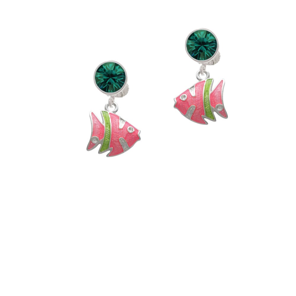 Hot Pink Tropical Fish with Lime Green Stripe Crystal Clip On Earrings Image 1